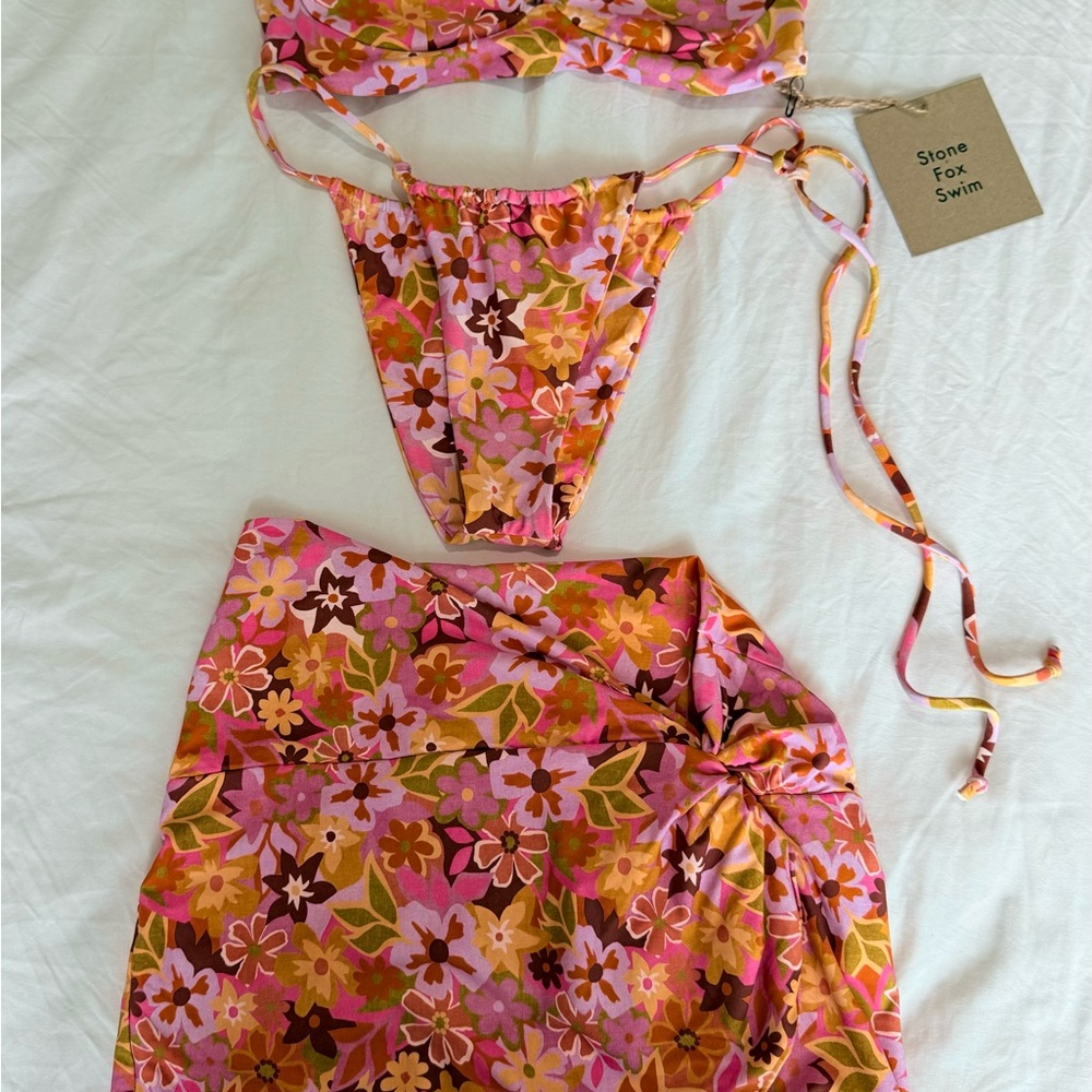 Stone Fox Swim Floral Bikini Set with Skirt - Pink and Orange